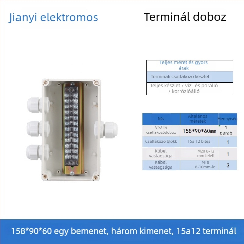 Műanyag kültéri vízálló csatlakozódoboz terminállal, kábel behúzásához, szerelési fülekkel, ABS