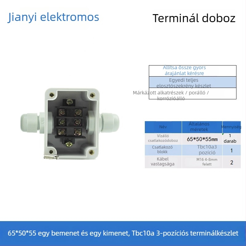 Műanyag kültéri vízálló csatlakozódoboz terminállal, kábel behúzásához, szerelési fülekkel, ABS