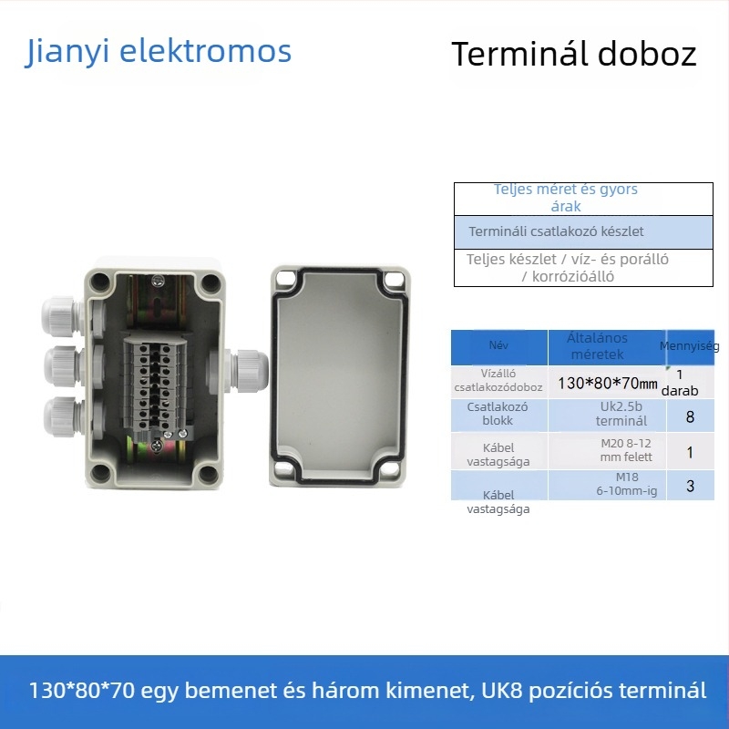 Műanyag kültéri vízálló csatlakozódoboz terminállal, kábel behúzásához, szerelési fülekkel, ABS