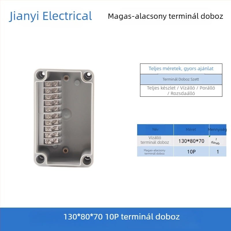 Műanyag kültéri vízálló csatlakozódoboz terminállal, kábel behúzásához, szerelési fülekkel, ABS