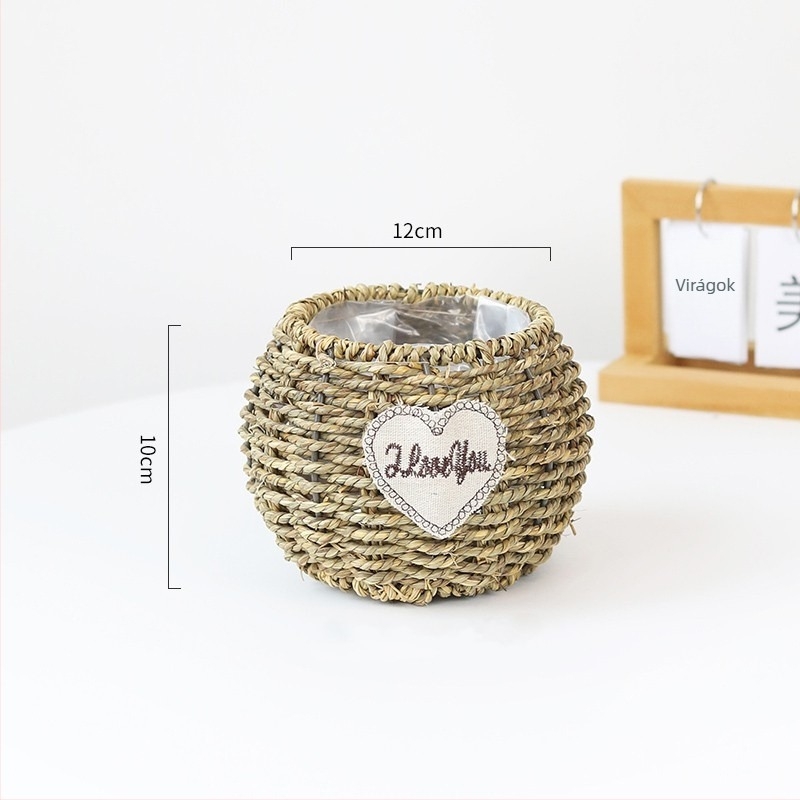 Virágcserép növényi rostokból, kézzel szőtt, biológiailag lebomló, pasztorális stílus