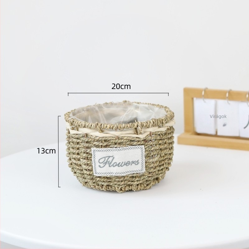 Virágcserép növényi rostokból, kézzel szőtt, biológiailag lebomló, pasztorális stílus