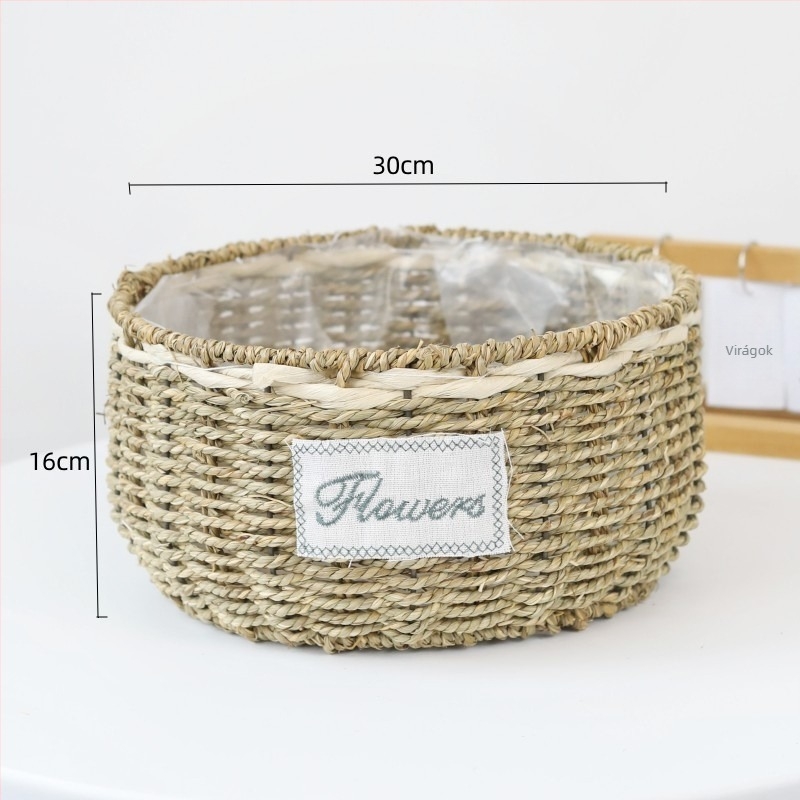 Virágcserép növényi rostokból, kézzel szőtt, biológiailag lebomló, pasztorális stílus