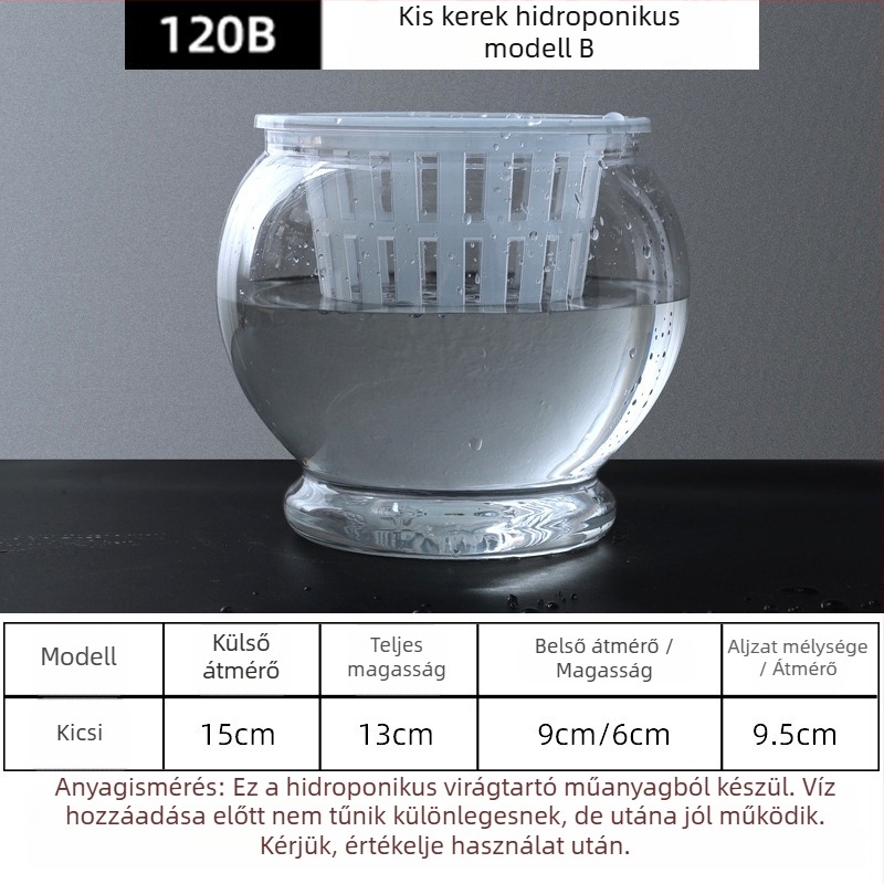 Önöntöző virágcserép – átlátszó, kerek műanyag, belső hidroponikához; egyszerű stílus; asztalra vagy padlóra