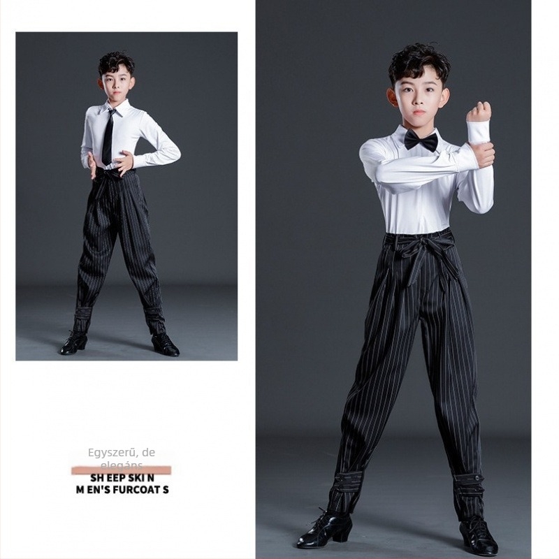 Fiú latin tánc előadására szolgáló készlet csíkos nadrággal, gyerekeknek edzőruha latin tánchoz, Milk Silk anyag, poliészter 50% és bélés 50% pamut