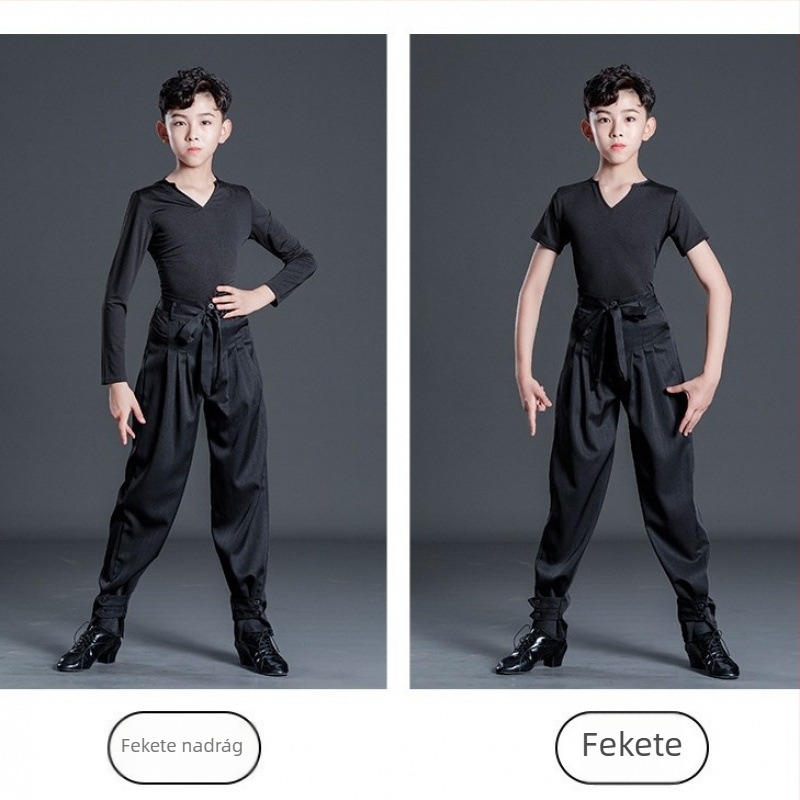 Fiú latin tánc előadására szolgáló készlet csíkos nadrággal, gyerekeknek edzőruha latin tánchoz, Milk Silk anyag, poliészter 50% és bélés 50% pamut