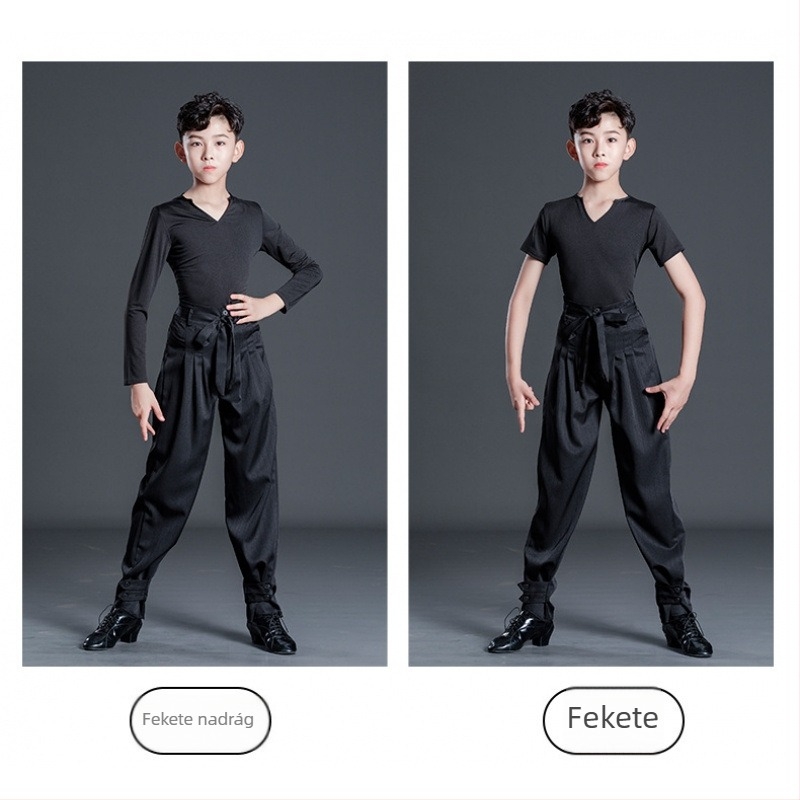 Fiú latin tánc előadására szolgáló készlet csíkos nadrággal, gyerekeknek edzőruha latin tánchoz, Milk Silk anyag, poliészter 50% és bélés 50% pamut