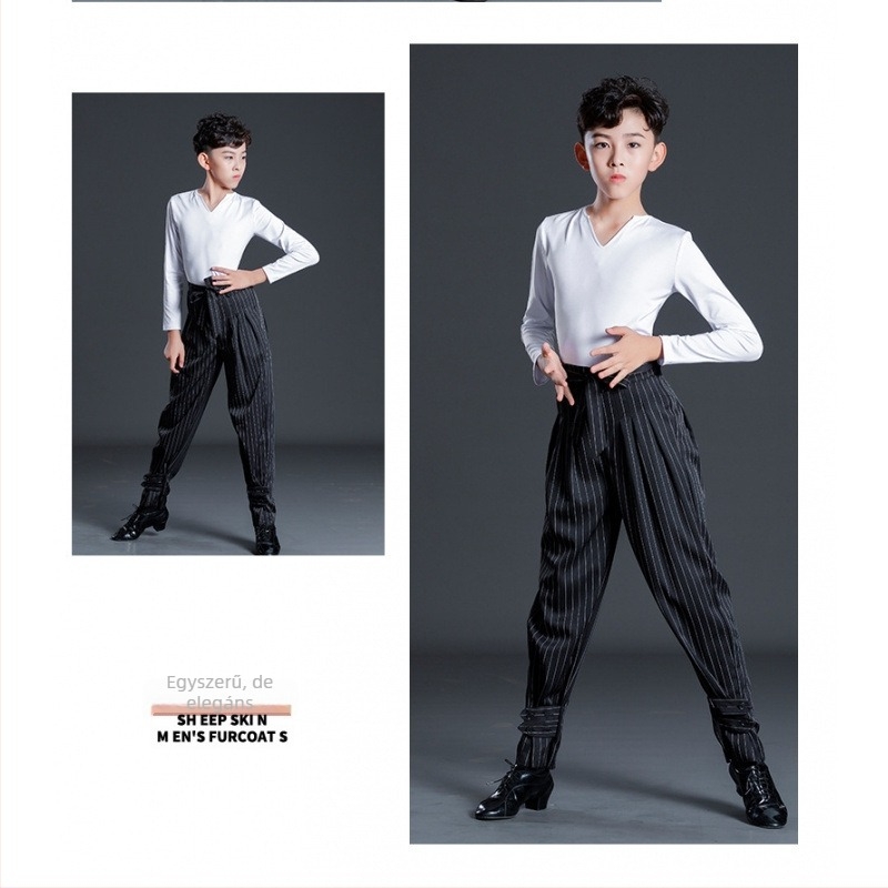 Fiú latin tánc előadására szolgáló készlet csíkos nadrággal, gyerekeknek edzőruha latin tánchoz, Milk Silk anyag, poliészter 50% és bélés 50% pamut