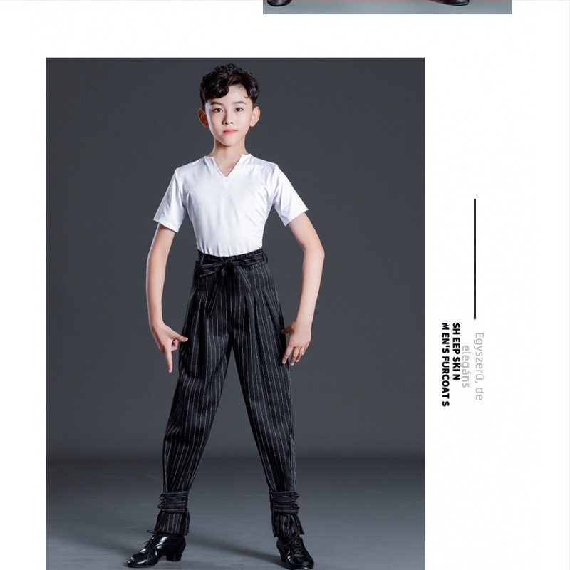 Fiú latin tánc előadására szolgáló készlet csíkos nadrággal, gyerekeknek edzőruha latin tánchoz, Milk Silk anyag, poliészter 50% és bélés 50% pamut