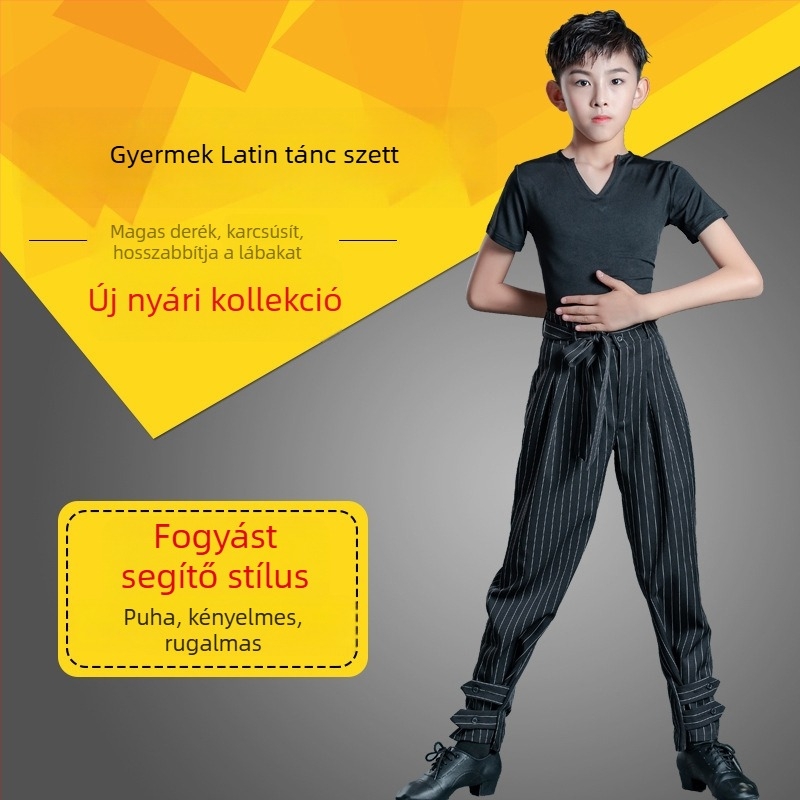 Fiú latin tánc előadására szolgáló készlet csíkos nadrággal, gyerekeknek edzőruha latin tánchoz, Milk Silk anyag, poliészter 50% és bélés 50% pamut