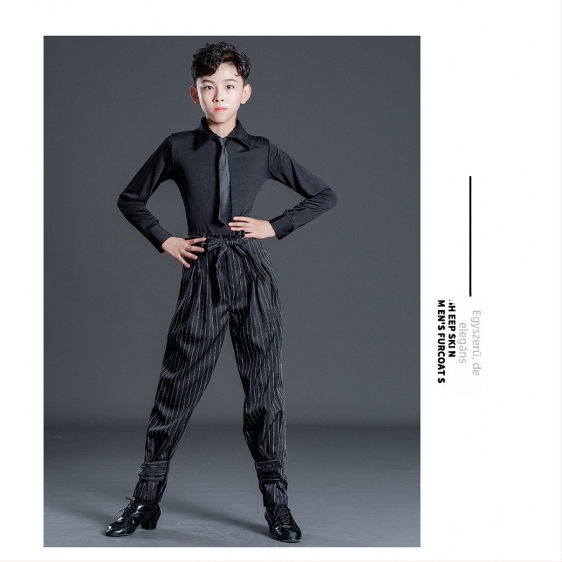 Fiú latin tánc előadására szolgáló készlet csíkos nadrággal, gyerekeknek edzőruha latin tánchoz, Milk Silk anyag, poliészter 50% és bélés 50% pamut