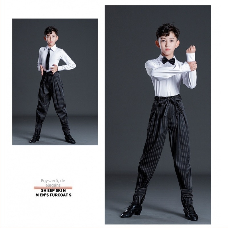 Fiú latin tánc előadására szolgáló készlet csíkos nadrággal, gyerekeknek edzőruha latin tánchoz, Milk Silk anyag, poliészter 50% és bélés 50% pamut