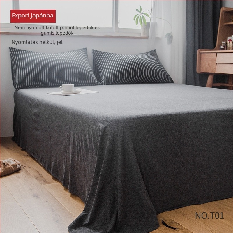 T01 Japán stílusú lepedő és gumis lepedő garnitúra, 100% pamutból, jersey pamut, egyszínű, méret 180×200–220 cm