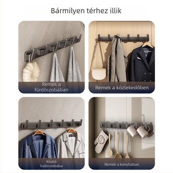 Fúrás nélküli falra szerelhető vállfaakasztó, Space Aluminum, többsoros 3-8 kampóval, modern, egyszerű dizájn, teherbírás 10-15 kg