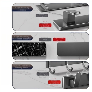 Fúrás nélküli falra szerelhető vállfaakasztó, Space Aluminum, többsoros 3-8 kampóval, modern, egyszerű dizájn, teherbírás 10-15 kg