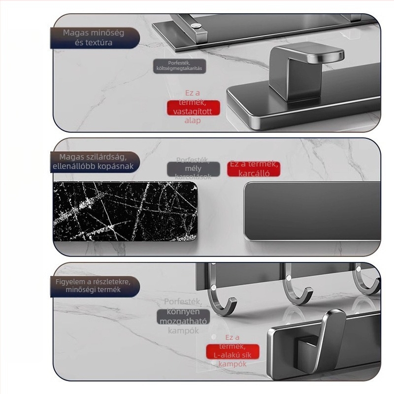 Fúrás nélküli falra szerelhető vállfaakasztó, Space Aluminum, többsoros 3-8 kampóval, modern, egyszerű dizájn, teherbírás 10-15 kg