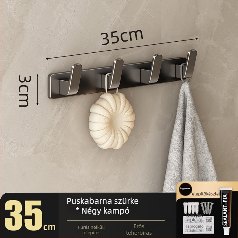Fúrás nélküli falra szerelhető vállfaakasztó, Space Aluminum, többsoros 3-8 kampóval, modern, egyszerű dizájn, teherbírás 10-15 kg