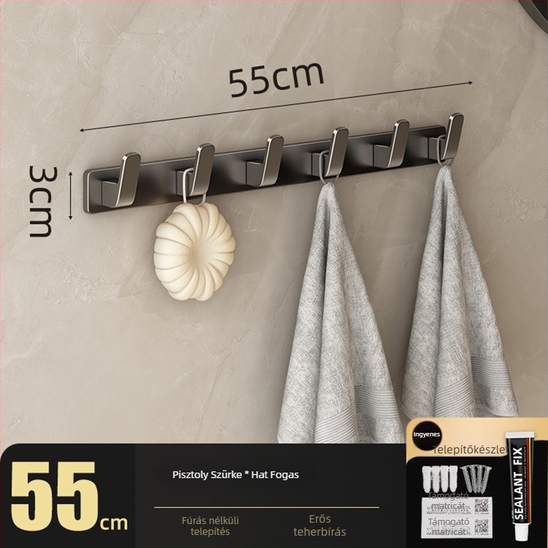 Fúrás nélküli falra szerelhető vállfaakasztó, Space Aluminum, többsoros 3-8 kampóval, modern, egyszerű dizájn, teherbírás 10-15 kg