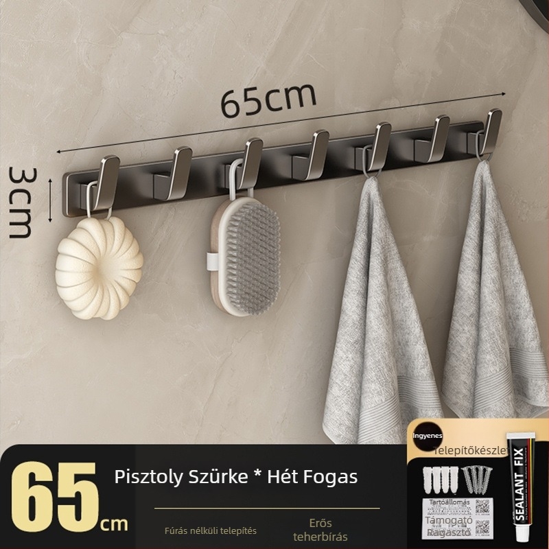 Fúrás nélküli falra szerelhető vállfaakasztó, Space Aluminum, többsoros 3-8 kampóval, modern, egyszerű dizájn, teherbírás 10-15 kg