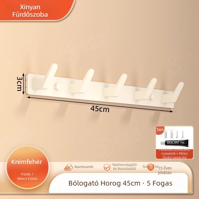 Fúrás nélküli falra szerelhető vállfaakasztó, Space Aluminum, többsoros 3-8 kampóval, modern, egyszerű dizájn, teherbírás 10-15 kg