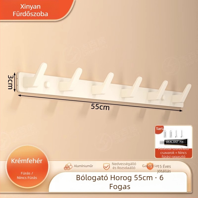 Fúrás nélküli falra szerelhető vállfaakasztó, Space Aluminum, többsoros 3-8 kampóval, modern, egyszerű dizájn, teherbírás 10-15 kg