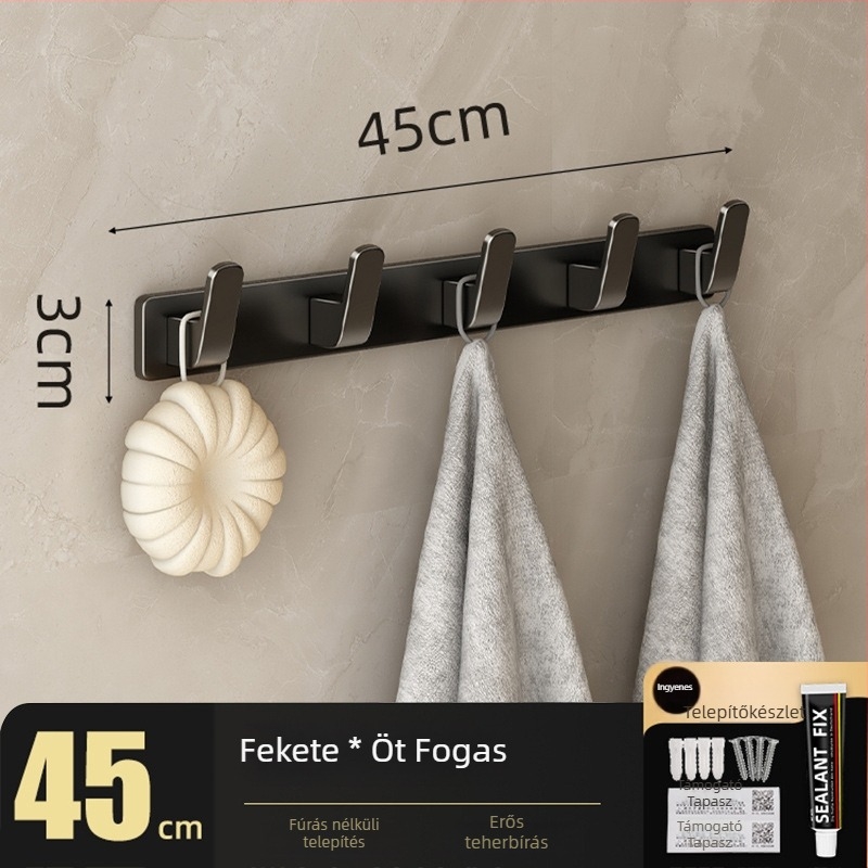 Fúrás nélküli falra szerelhető vállfaakasztó, Space Aluminum, többsoros 3-8 kampóval, modern, egyszerű dizájn, teherbírás 10-15 kg