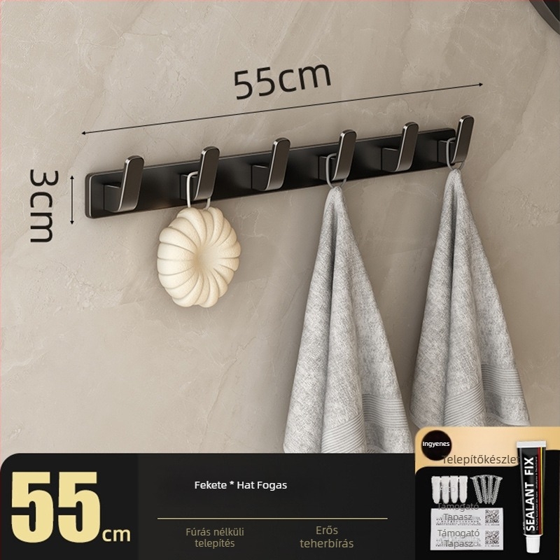 Fúrás nélküli falra szerelhető vállfaakasztó, Space Aluminum, többsoros 3-8 kampóval, modern, egyszerű dizájn, teherbírás 10-15 kg