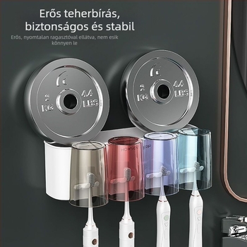 Fogkefetartó, falra szerelhető, fúrás nélkül, fém, pohár a szájöblítőhöz