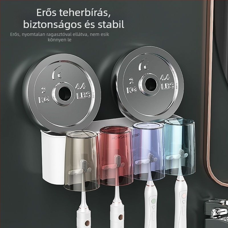 Fogkefetartó, falra szerelhető, fúrás nélkül, fém, pohár a szájöblítőhöz