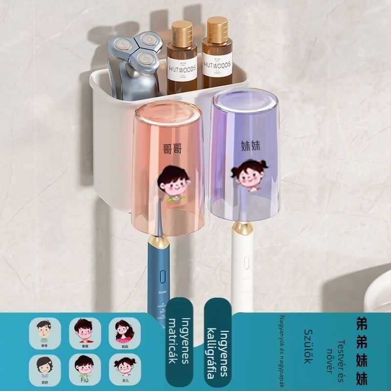 Fogkefetartó, falra szerelhető, fúrás nélkül, fém, pohár a szájöblítőhöz