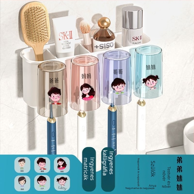 Fogkefetartó, falra szerelhető, fúrás nélkül, fém, pohár a szájöblítőhöz