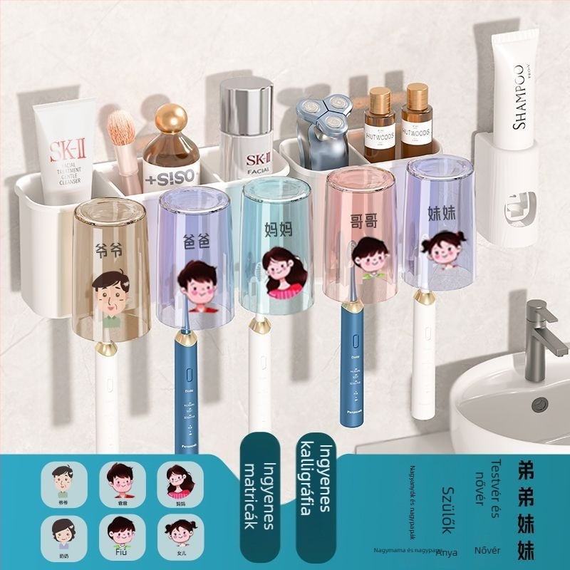 Fogkefetartó, falra szerelhető, fúrás nélkül, fém, pohár a szájöblítőhöz