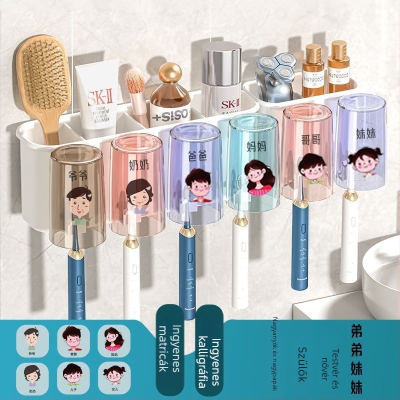 Fogkefetartó, falra szerelhető, fúrás nélkül, fém, pohár a szájöblítőhöz