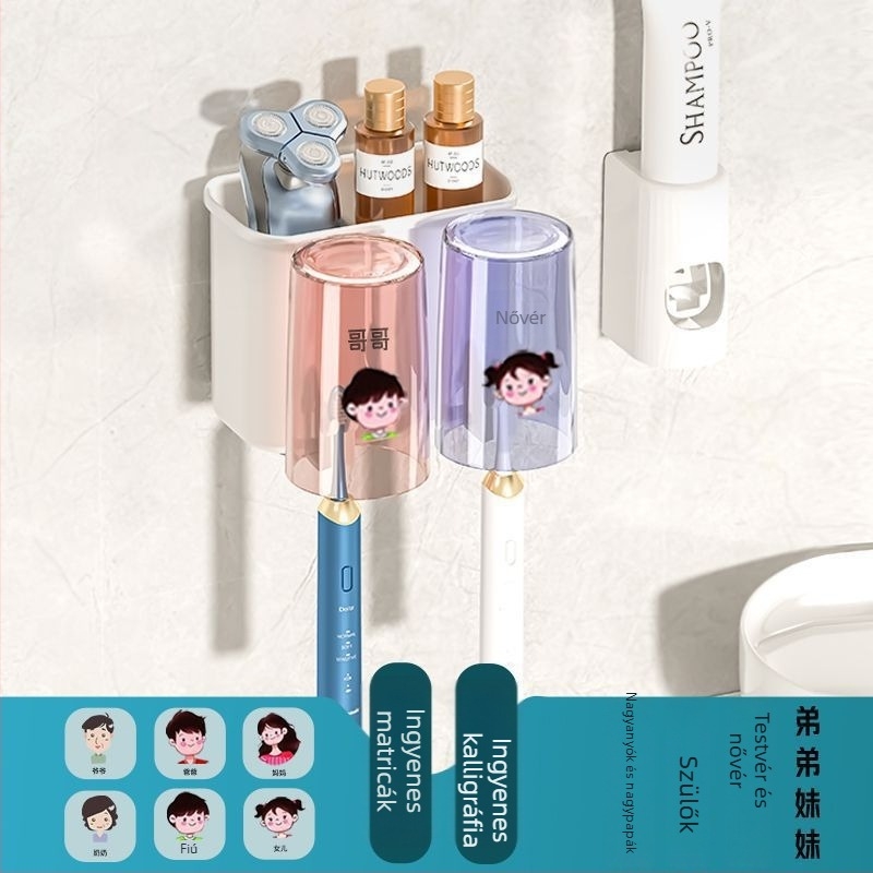 Fogkefetartó, falra szerelhető, fúrás nélkül, fém, pohár a szájöblítőhöz