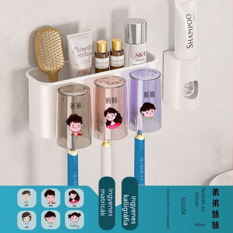 Fogkefetartó, falra szerelhető, fúrás nélkül, fém, pohár a szájöblítőhöz