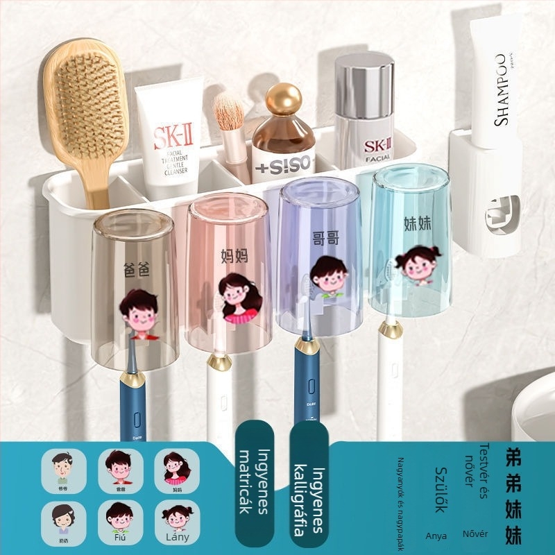 Fogkefetartó, falra szerelhető, fúrás nélkül, fém, pohár a szájöblítőhöz