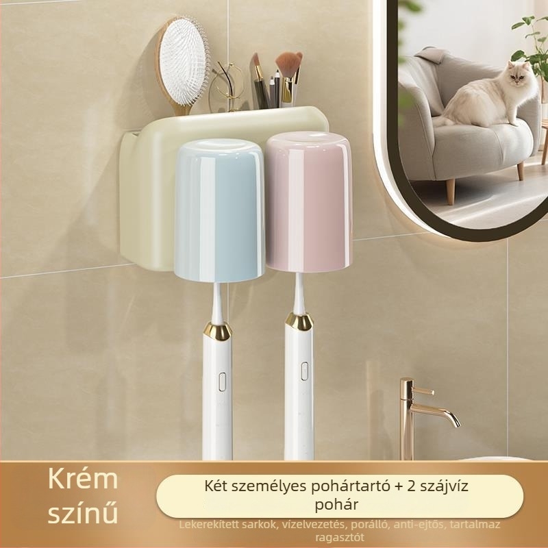 Fogkefetartó, falra szerelhető, fúrás nélkül, fém, pohár a szájöblítőhöz