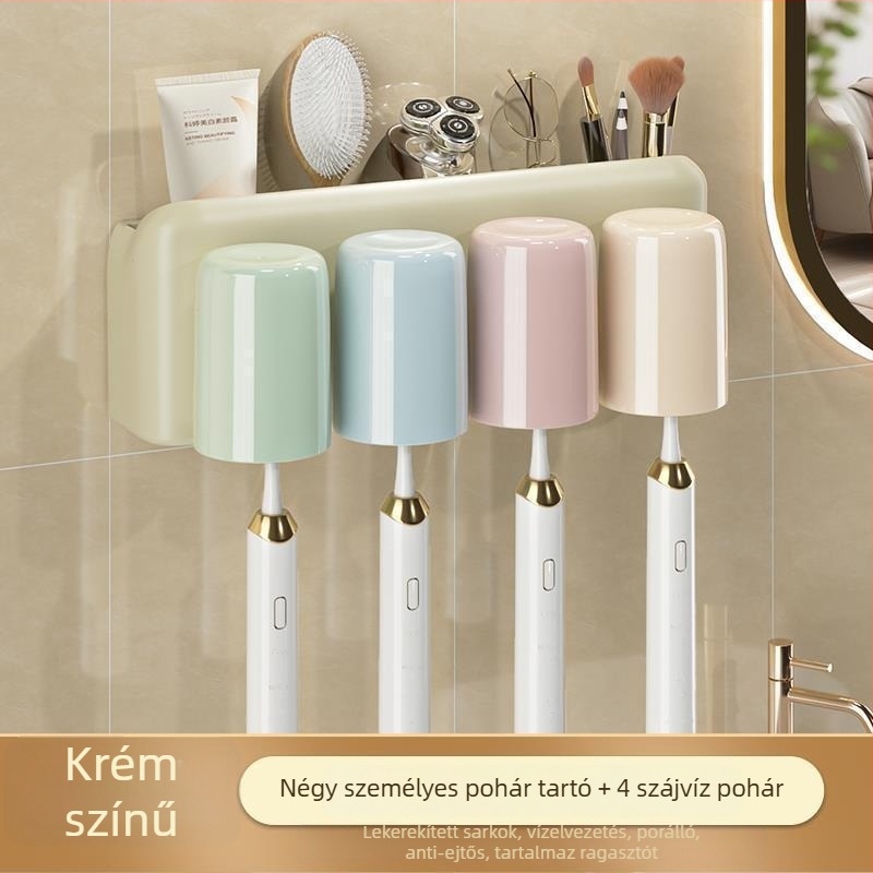 Fogkefetartó, falra szerelhető, fúrás nélkül, fém, pohár a szájöblítőhöz