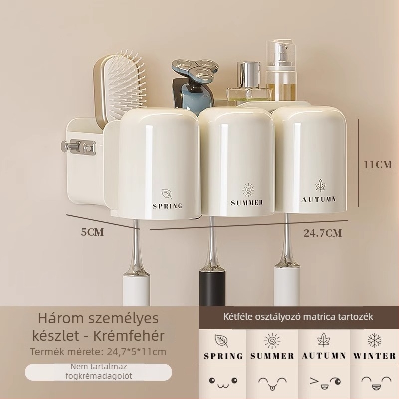 Fogkefetartó, falra szerelhető, fúrás nélkül, fém, pohár a szájöblítőhöz