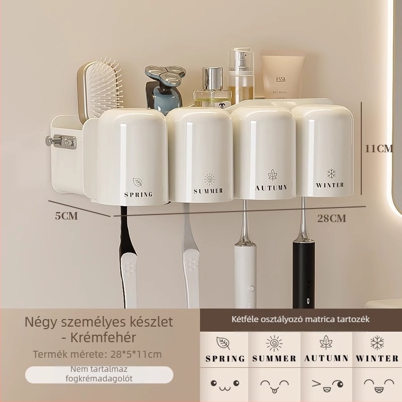 Fogkefetartó, falra szerelhető, fúrás nélkül, fém, pohár a szájöblítőhöz