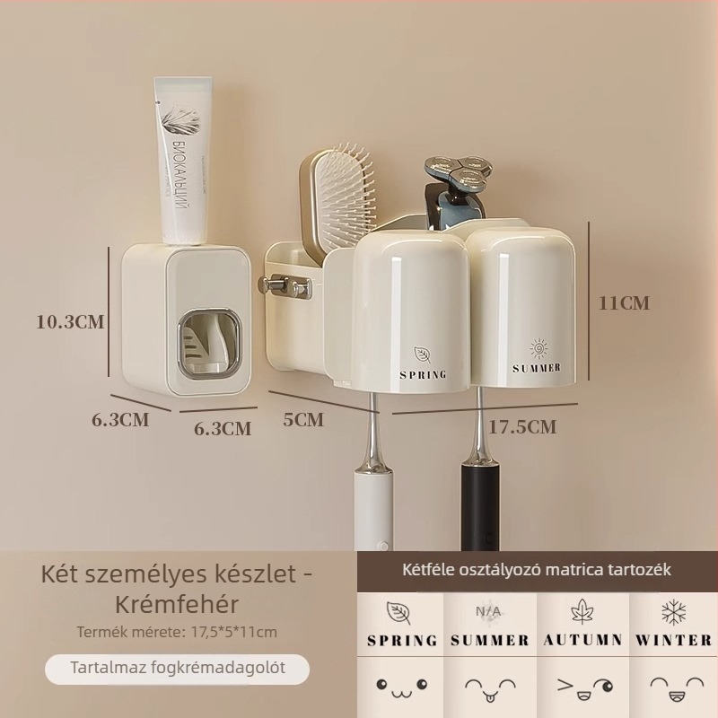 Fogkefetartó, falra szerelhető, fúrás nélkül, fém, pohár a szájöblítőhöz