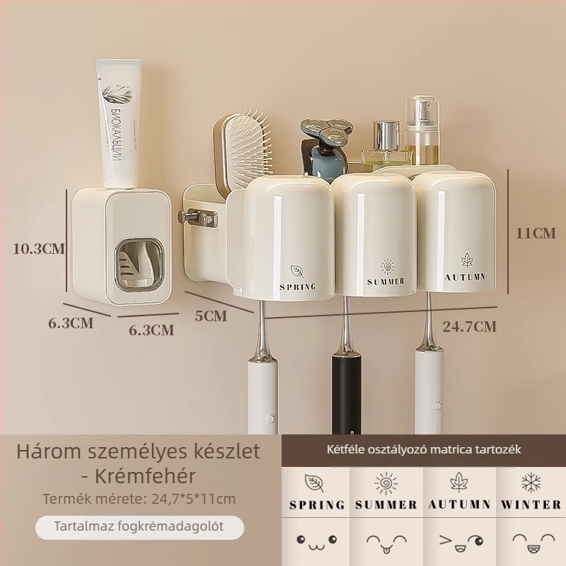 Fogkefetartó, falra szerelhető, fúrás nélkül, fém, pohár a szájöblítőhöz