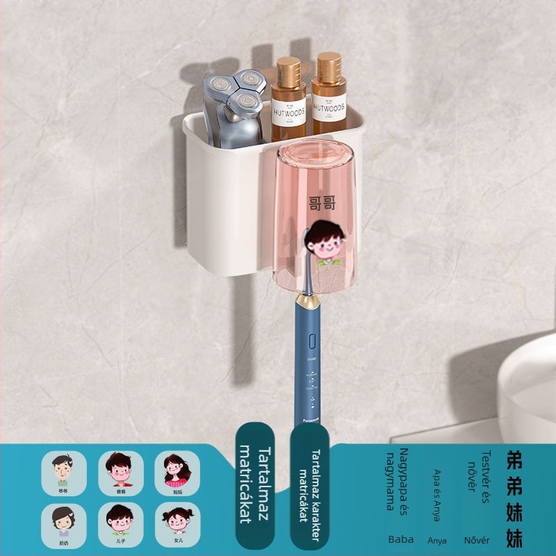 Fogkefetartó, falra szerelhető, fúrás nélkül, fém, pohár a szájöblítőhöz