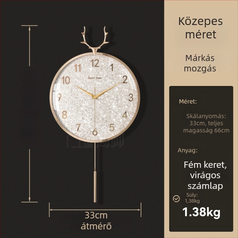 Fali óra, könnyed luxus stílusban, modell 985, mechanikus mozgás, Sun mozgás, akkumulátoros táplálás, fém számlap, üveglap, nappaliba