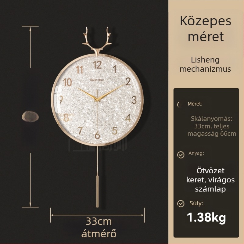 Fali óra, könnyed luxus stílusban, modell 985, mechanikus mozgás, Sun mozgás, akkumulátoros táplálás, fém számlap, üveglap, nappaliba