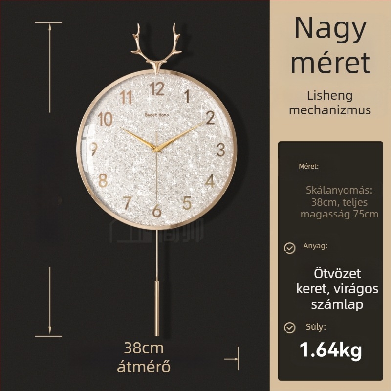 Fali óra, könnyed luxus stílusban, modell 985, mechanikus mozgás, Sun mozgás, akkumulátoros táplálás, fém számlap, üveglap, nappaliba