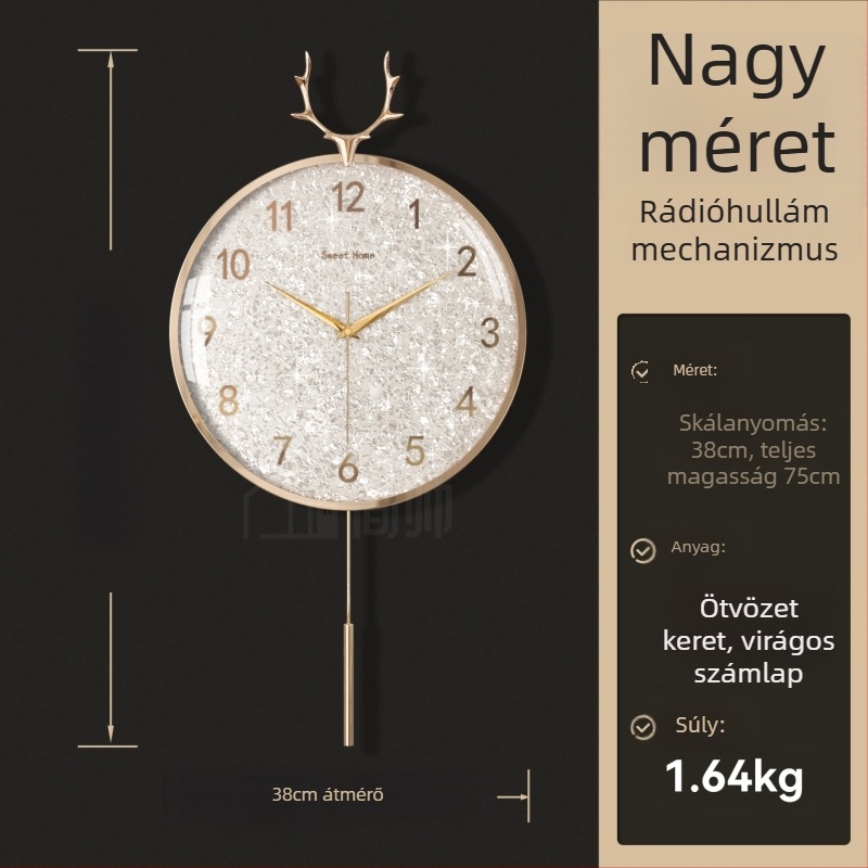 Fali óra, könnyed luxus stílusban, modell 985, mechanikus mozgás, Sun mozgás, akkumulátoros táplálás, fém számlap, üveglap, nappaliba