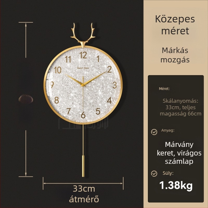 Fali óra, könnyed luxus stílusban, modell 985, mechanikus mozgás, Sun mozgás, akkumulátoros táplálás, fém számlap, üveglap, nappaliba