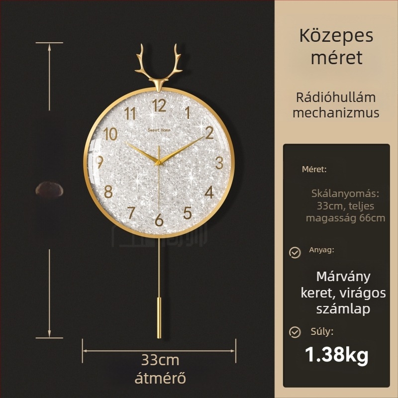 Fali óra, könnyed luxus stílusban, modell 985, mechanikus mozgás, Sun mozgás, akkumulátoros táplálás, fém számlap, üveglap, nappaliba