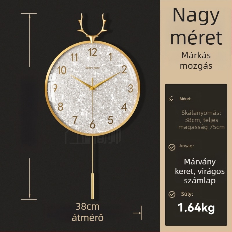 Fali óra, könnyed luxus stílusban, modell 985, mechanikus mozgás, Sun mozgás, akkumulátoros táplálás, fém számlap, üveglap, nappaliba